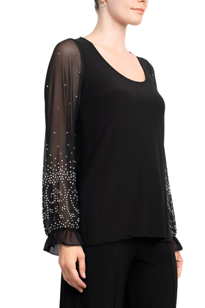 Marina Scoop Neck Embellished Chiffon Long Sleeve Slit Side Top and Elastic Mid Waist Wide Leg Jersey Two Piece Pant Set-2