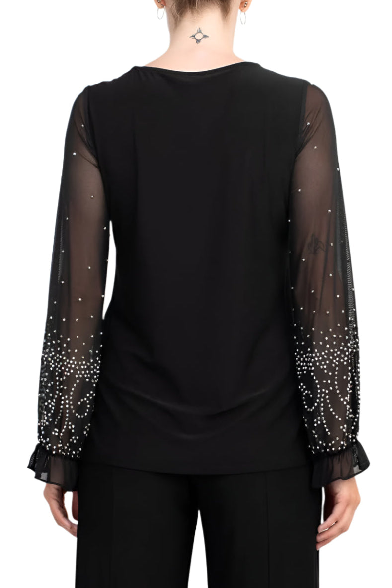 Marina Scoop Neck Embellished Chiffon Long Sleeve Slit Side Top and Elastic Mid Waist Wide Leg Jersey Two Piece Pant Set-3