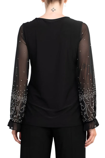 Marina Scoop Neck Embellished Chiffon Long Sleeve Slit Side Top and Elastic Mid Waist Wide Leg Jersey Two Piece Pant Set-3