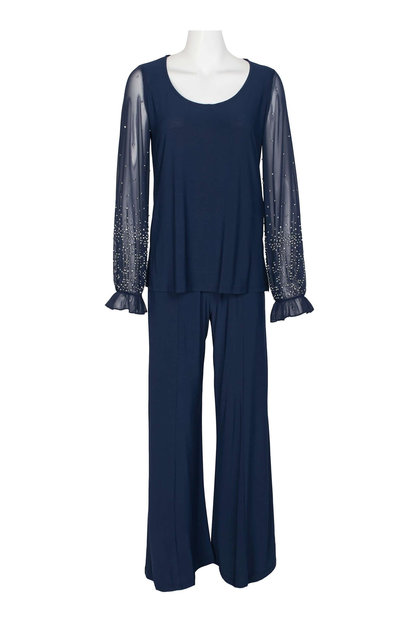 Marina Scoop Neck Embellished Chiffon Long Sleeve Slit Side Top and Elastic Mid Waist Wide Leg Jersey Two Piece Pant Set-5