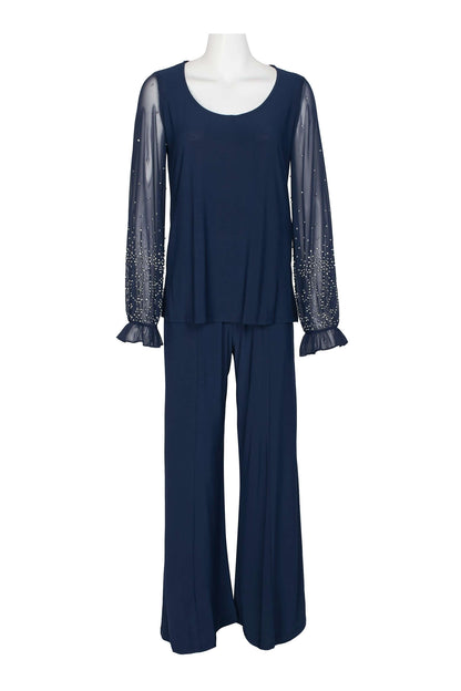 Marina Scoop Neck Embellished Chiffon Long Sleeve Slit Side Top and Elastic Mid Waist Wide Leg Jersey Two Piece Pant Set-5