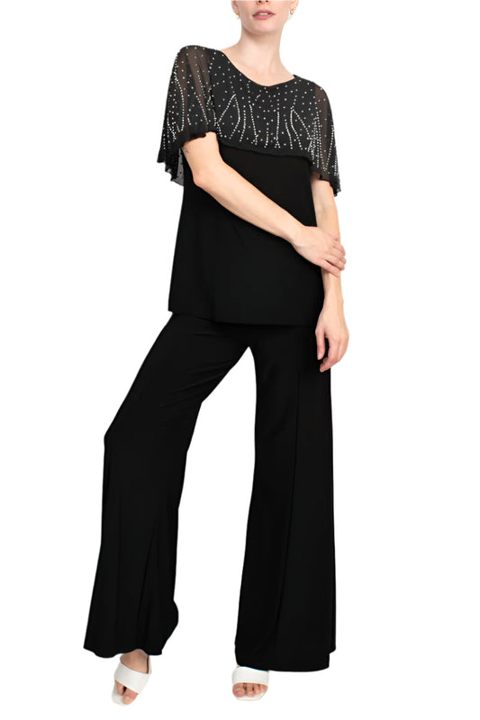 Marina Boat Neck Embellished Capelet Sleeve Solid Top and Elastic Mid Waist Wide Leg Two Piece Pant Set-0