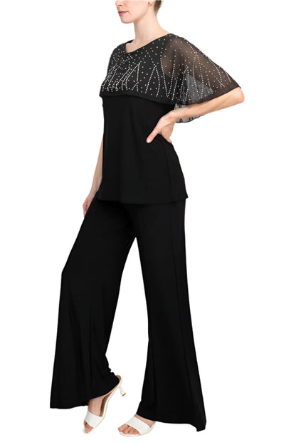 Marina Boat Neck Embellished Capelet Sleeve Solid Top and Elastic Mid Waist Wide Leg Two Piece Pant Set-1