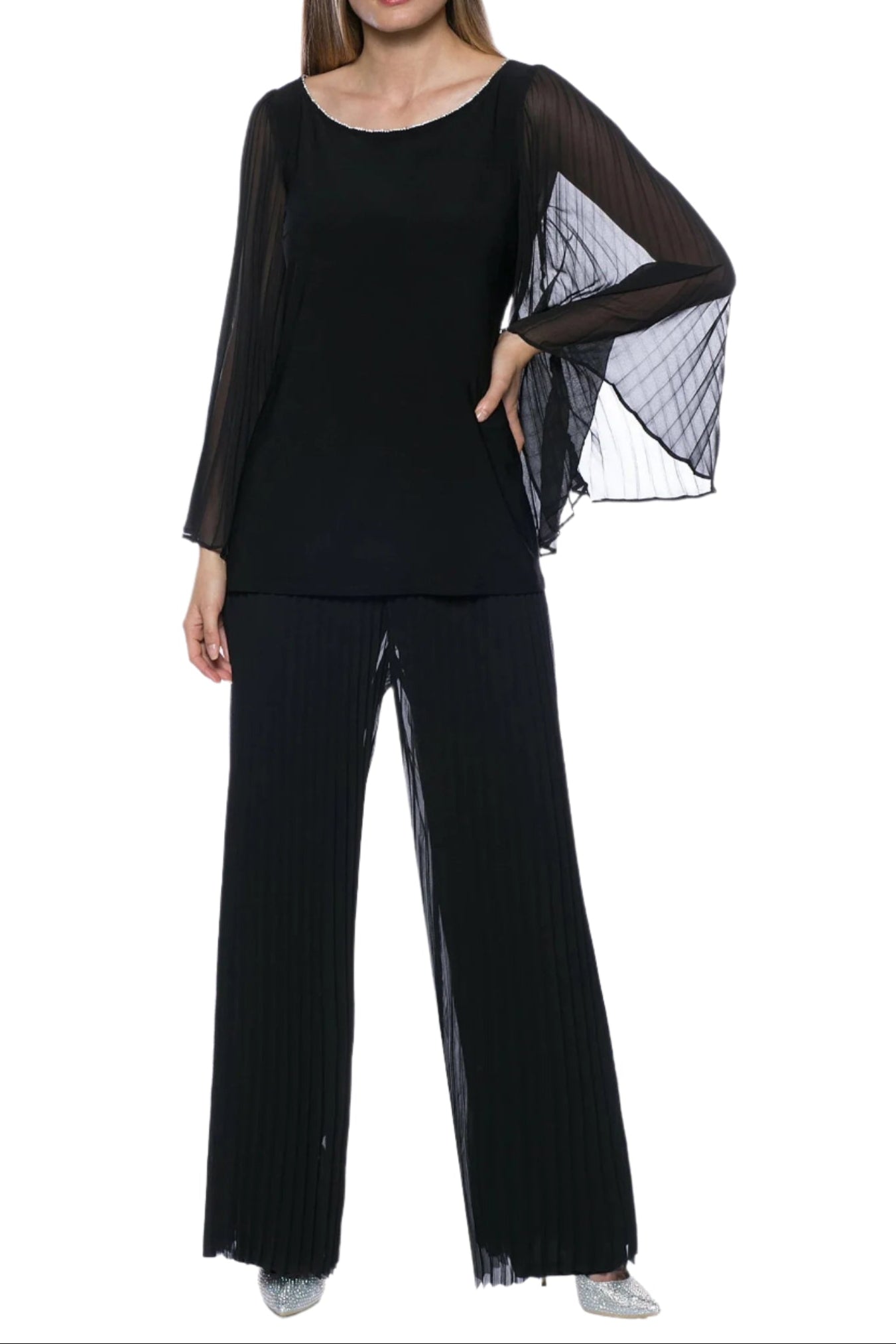 Marina Round Neck Pleated Chiffon Long Illusion Wing Sleeve 2 Piece Pant Set-2