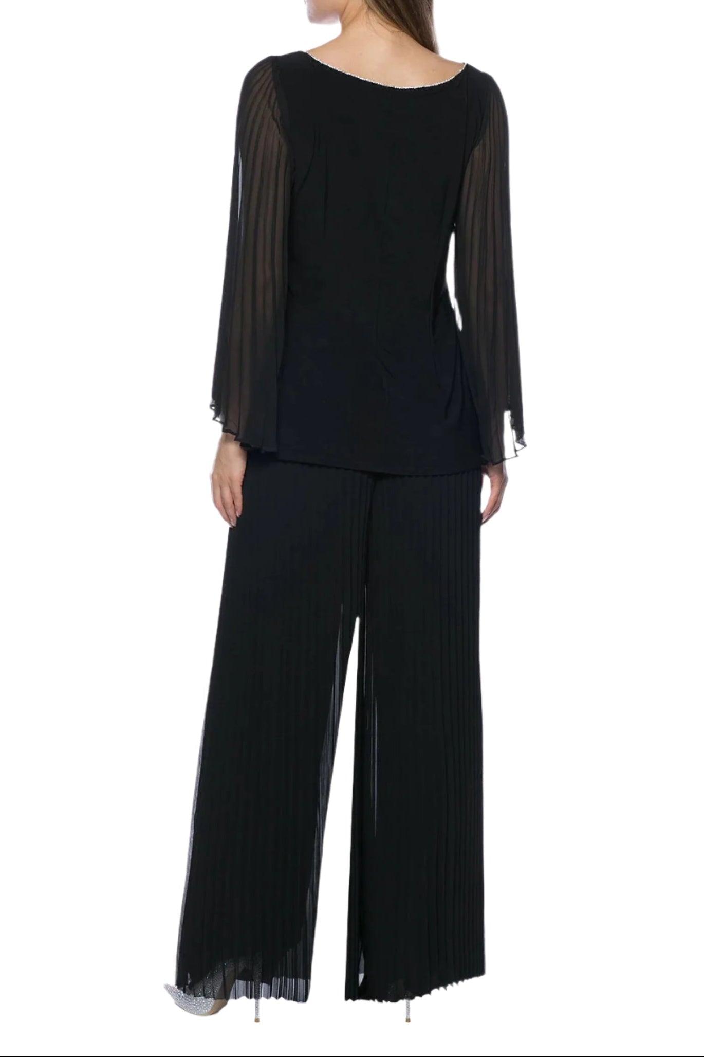 Marina Round Neck Pleated Chiffon Long Illusion Wing Sleeve 2 Piece Pant Set-3