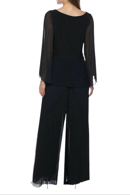 Marina Round Neck Pleated Chiffon Long Illusion Wing Sleeve 2 Piece Pant Set-3