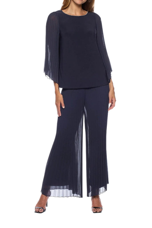 Marina Round Neck Pleated Chiffon Long Illusion Wing Sleeve 2 Piece Pant Set-0