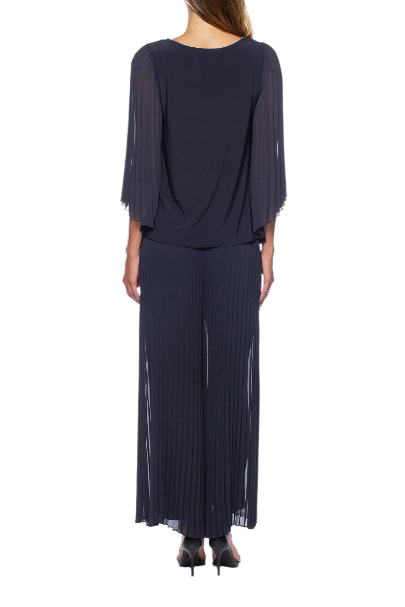 Marina Round Neck Pleated Chiffon Long Illusion Wing Sleeve 2 Piece Pant Set-1