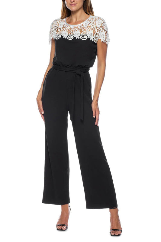 Marina Illusion Crew Lace Neck Elastic Tie Waist Keyhole Zipper Back Stretch Crepe Jumpsuit-0