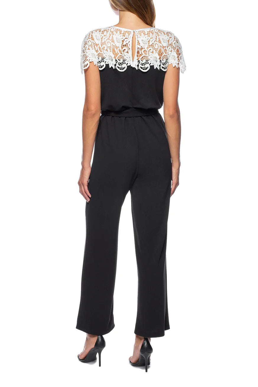 Marina Illusion Crew Lace Neck Elastic Tie Waist Keyhole Zipper Back Stretch Crepe Jumpsuit-1