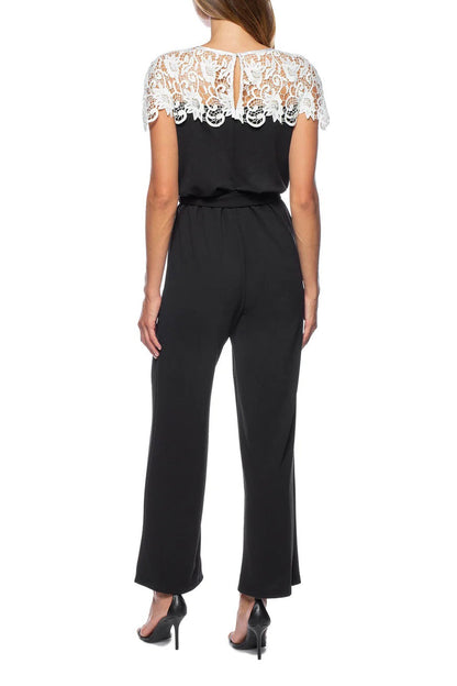 Marina Illusion Crew Lace Neck Elastic Tie Waist Keyhole Zipper Back Stretch Crepe Jumpsuit-1