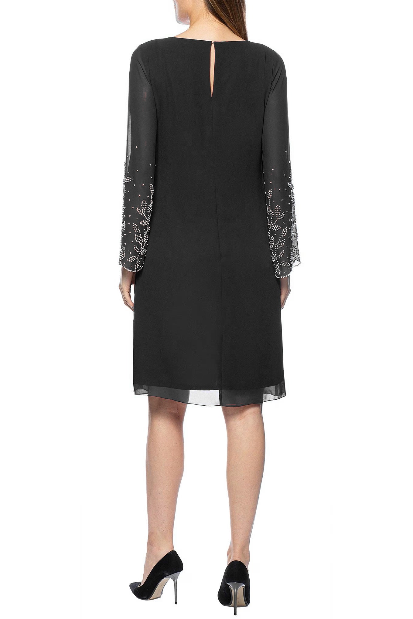 Marina Scoop Neck Embellished Sleeve Keyhole Back Solid Chiffon Jacket Dress-3