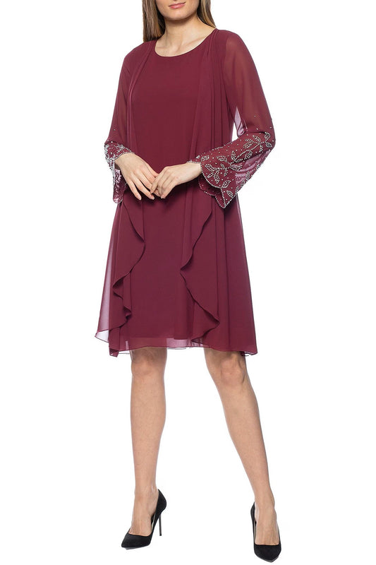 Marina Scoop Neck Embellished Sleeve Keyhole Back Solid Chiffon Jacket Dress-0