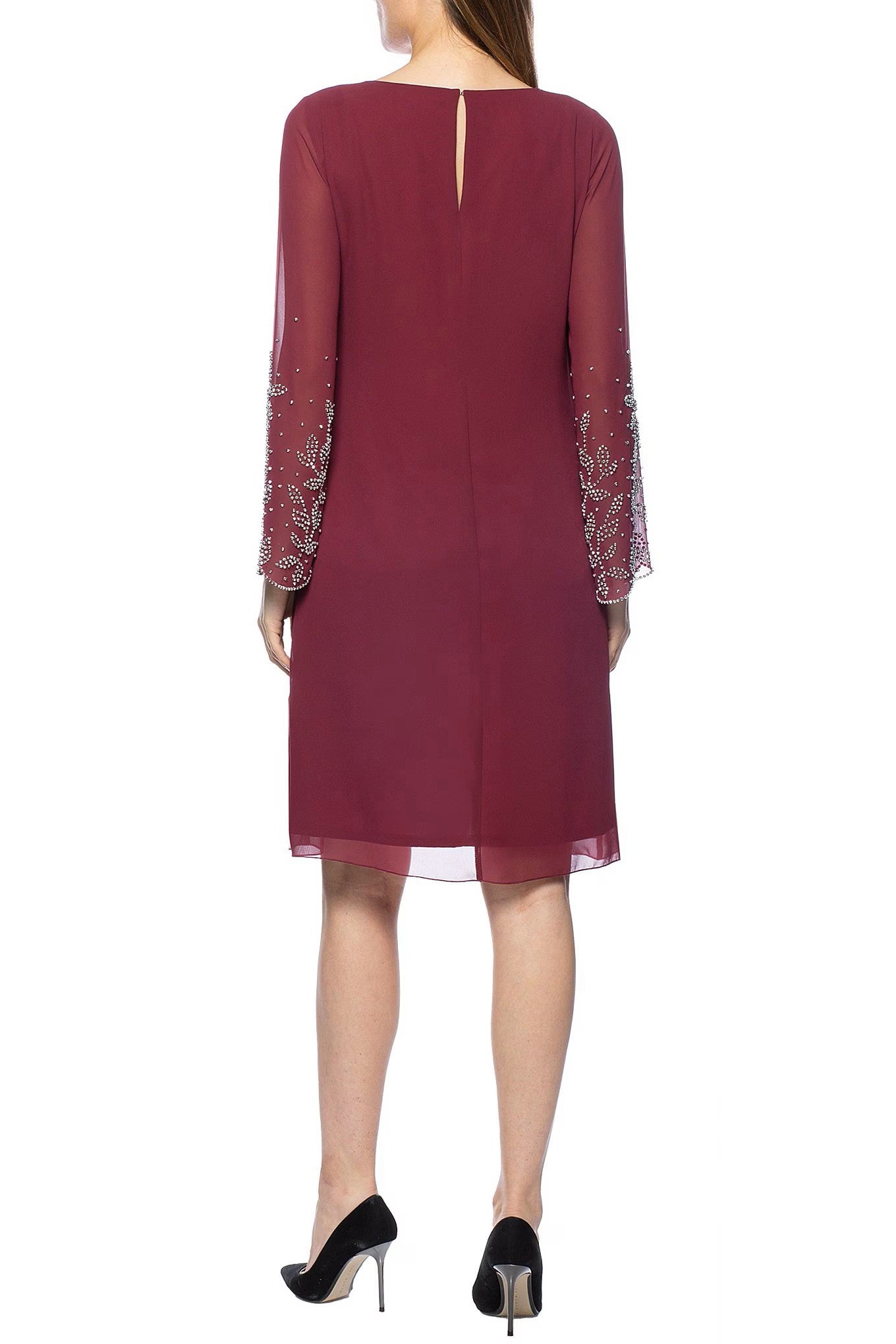 Marina Scoop Neck Embellished Sleeve Keyhole Back Solid Chiffon Jacket Dress-1