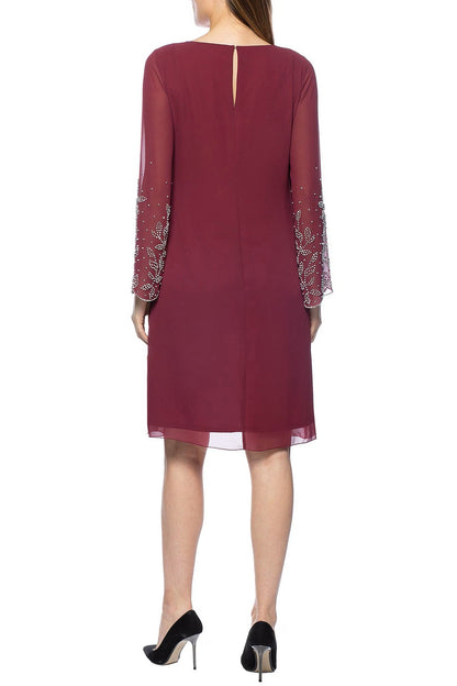 Marina Scoop Neck Embellished Sleeve Keyhole Back Solid Chiffon Jacket Dress-1
