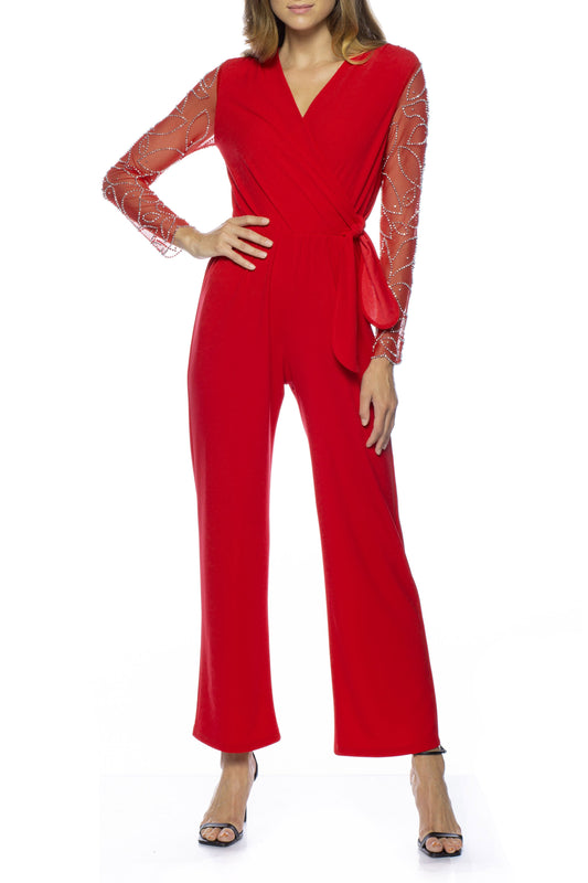 Marina V-Neck Embellished Long Sleeve Elastic Tie Waist Keyhole Back Solid Stretch Crepe Jumpsuit-0