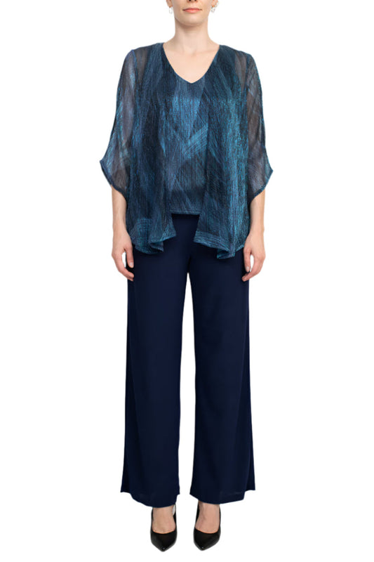 Marina V-Neck Metallic Top Mid Waist Solid Jersey Pant with Matching Metallic Jacket (3 Piece Set)-0