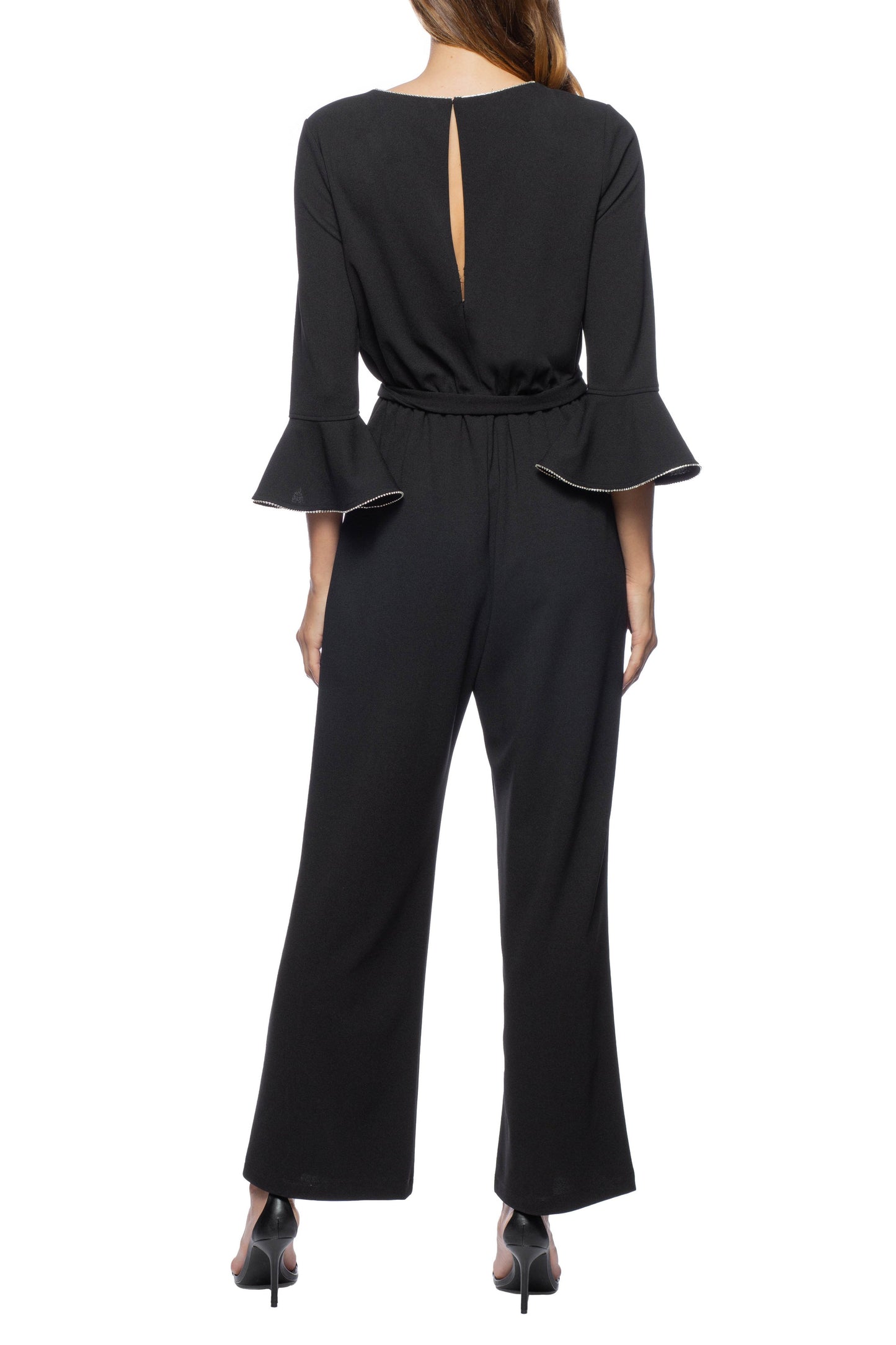Marina Embellished Boat Neck Circular Sleeve Tie Waist Zipper Back Stretch Crepe Jumpsuit-1