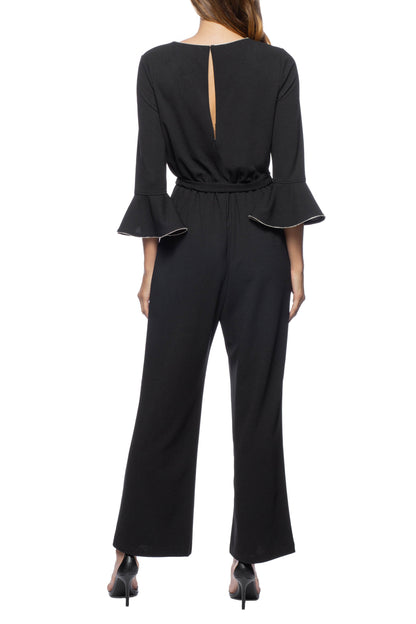 Marina Embellished Boat Neck Circular Sleeve Tie Waist Zipper Back Stretch Crepe Jumpsuit-1
