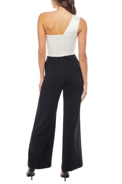 Marina One Shoulder Sleeveless Crepe Wide Leg Pant Taffecta Bodice Jumpsuit-1