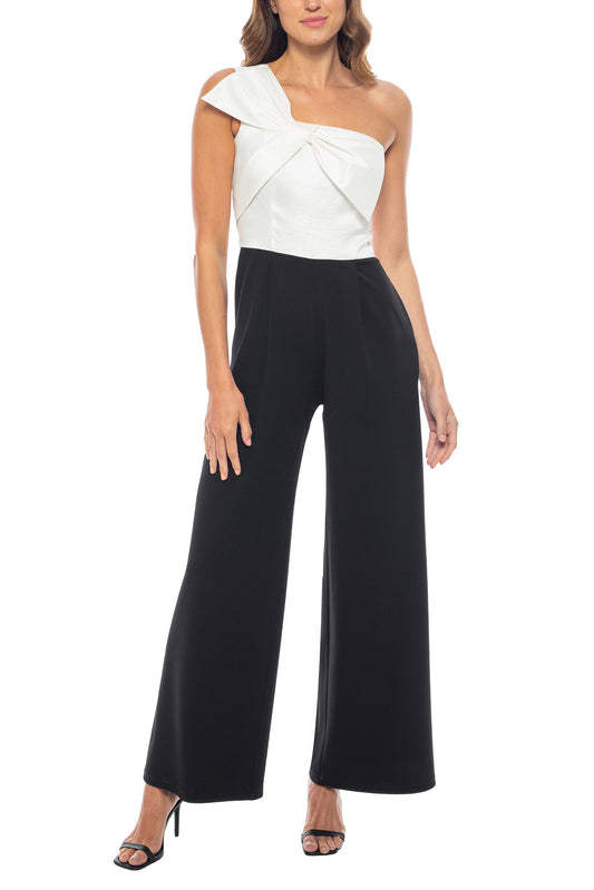 Marina One Shoulder Sleeveless Crepe Wide Leg Pant Taffecta Bodice Jumpsuit-0