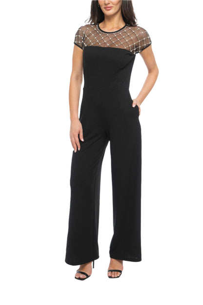 Marina Jewel Neck Beaded Mesh Scuba Crepe Short Sleeve Jumpsuit-0
