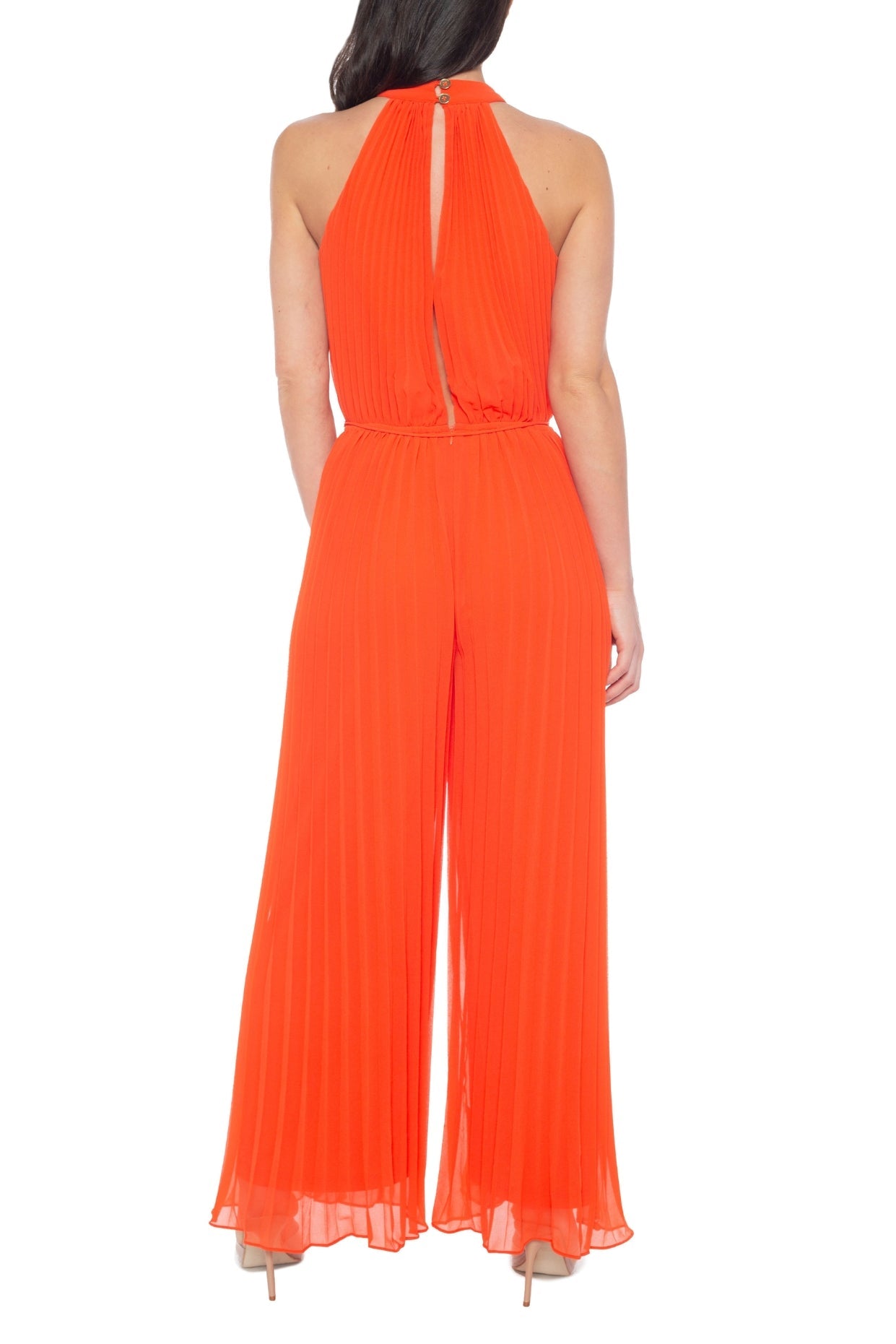 Marina Halter Neckline Sleeveless Cutaway Shoulders Keyhole Button Closure Back Wide Leg Jumpsuit Dress-1