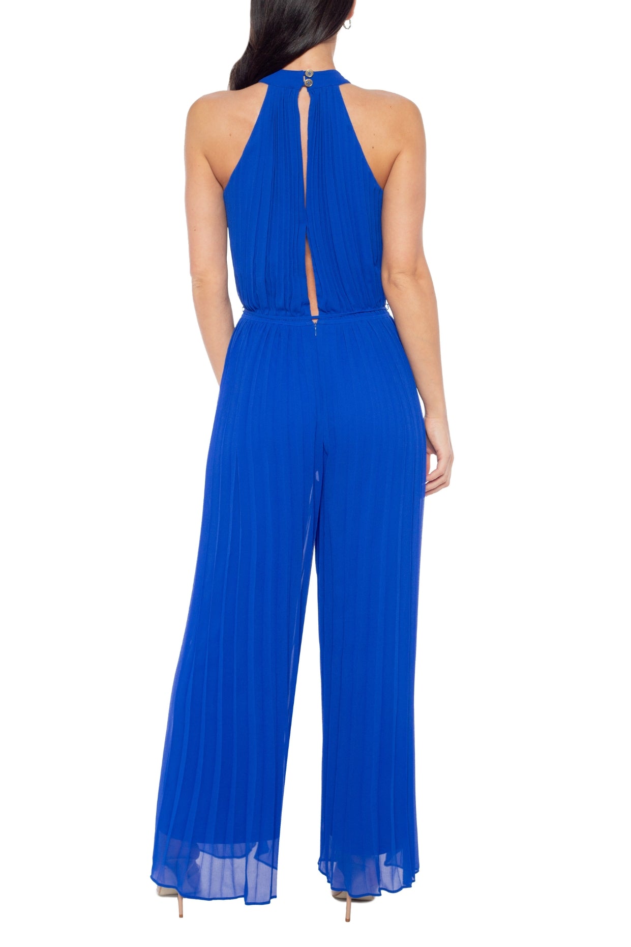 Marina Halter Neckline Sleeveless Cutaway Shoulders Keyhole Button Closure Back Wide Leg Jumpsuit Dress-3