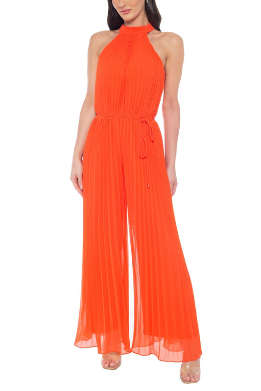 Marina Halter Neckline Sleeveless Cutaway Shoulders Keyhole Button Closure Back Wide Leg Jumpsuit Dress-0