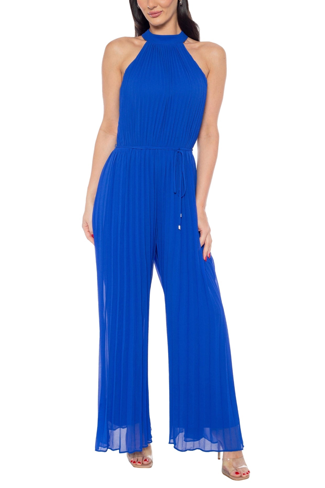 Marina Halter Neckline Sleeveless Cutaway Shoulders Keyhole Button Closure Back Wide Leg Jumpsuit Dress-2