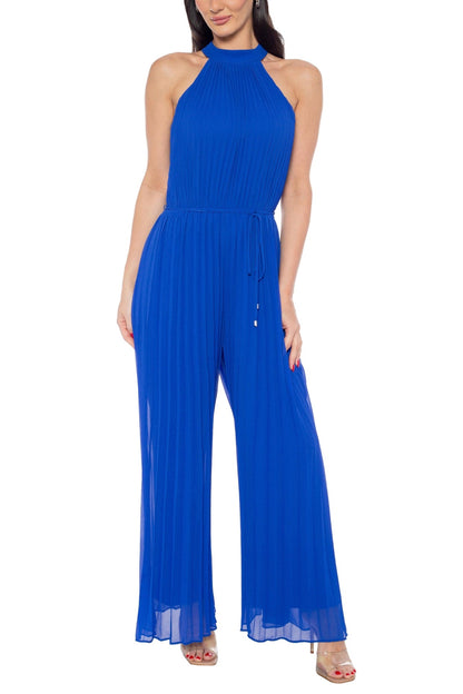 Marina Halter Neckline Sleeveless Cutaway Shoulders Keyhole Button Closure Back Wide Leg Jumpsuit Dress-2