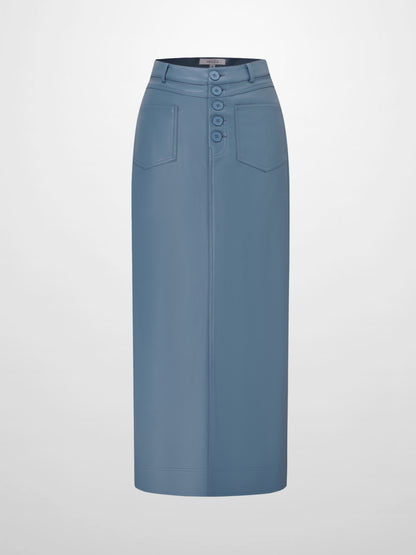 Front Pocket Straight Faux Leather Skirt-Denim Blue-0