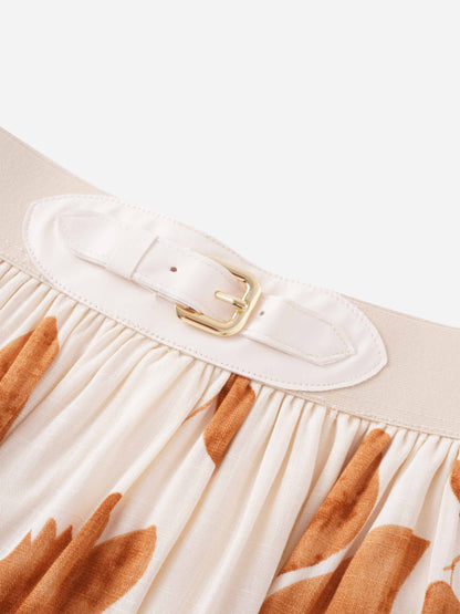 Leather Buckle Skirt-Tan Floral-3