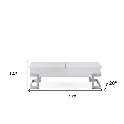 47" White and Silver Wood And Metal Lift Top Sled Coffee Table-4
