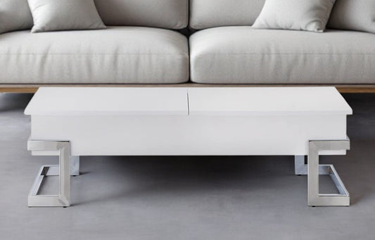 47" White and Silver Wood And Metal Lift Top Sled Coffee Table-0