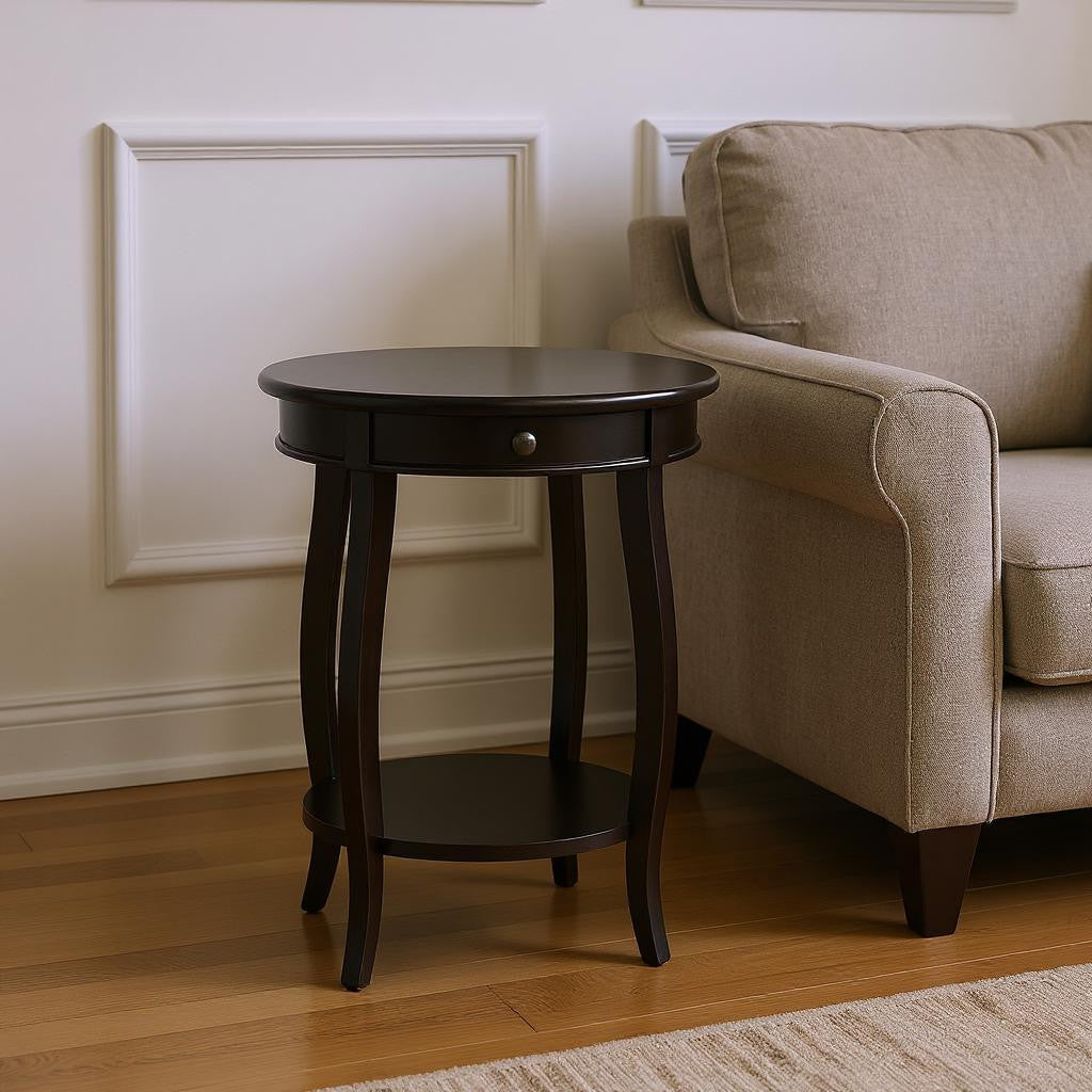 24" Black Wood Round End Table With Drawer And Shelf-0