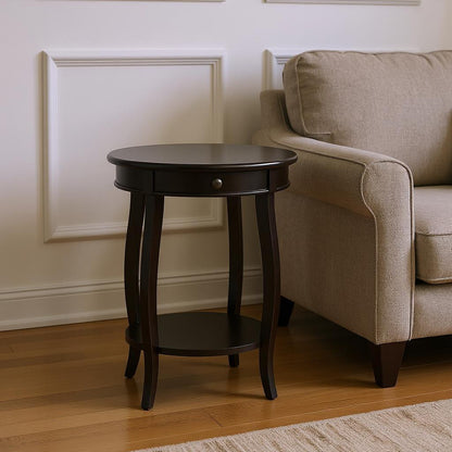 24" Black Wood Round End Table With Drawer And Shelf-0