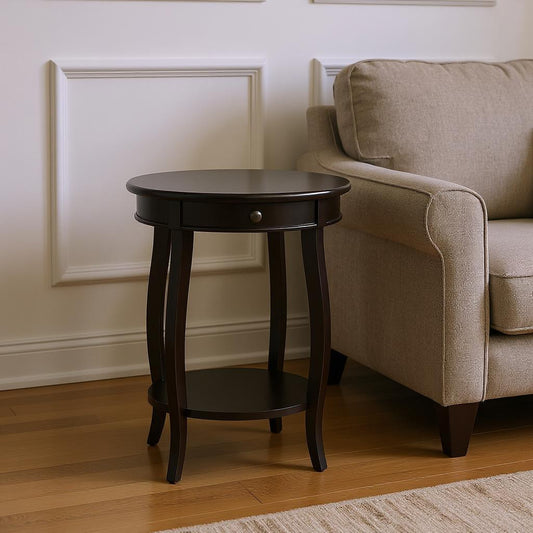 24" Black Wood Round End Table With Drawer And Shelf-0