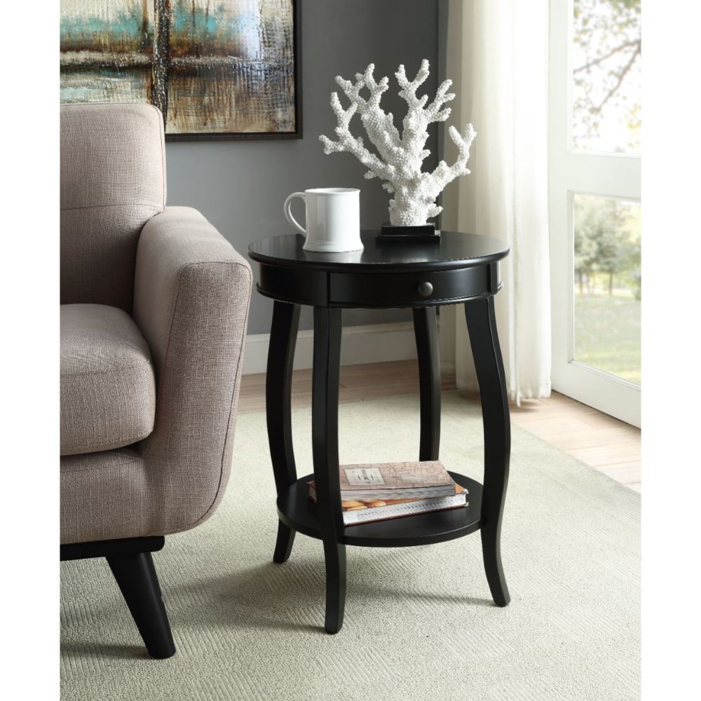 24" Black Wood Round End Table With Drawer And Shelf-8