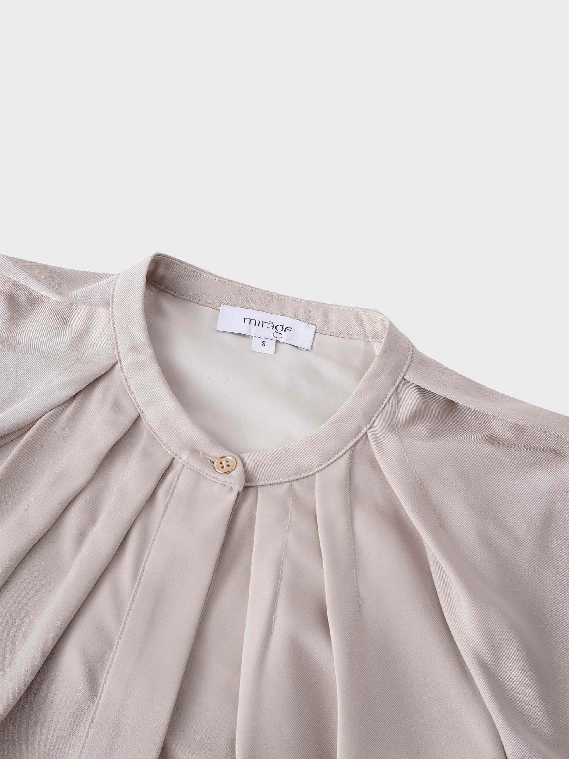 Pleat Neck Belted Dress-Ecru-3