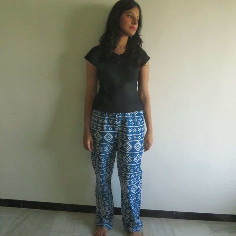 Dark Blue Aztec Straight Cut Drawstring Pajamas-1