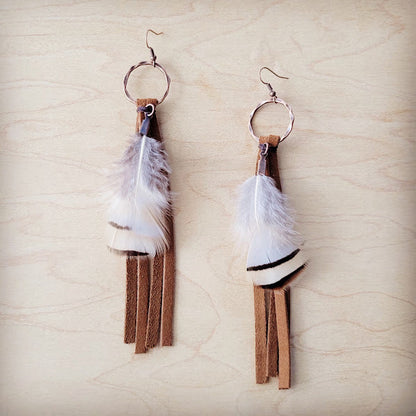 Boho Tan Deer Skin Leather Tassel Earring-Brown Feather 217c-0