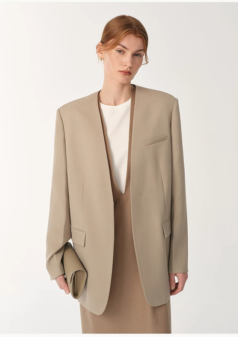 Australian Merino Wool Classic Simple Collarless Deep V-Neck Suit-1