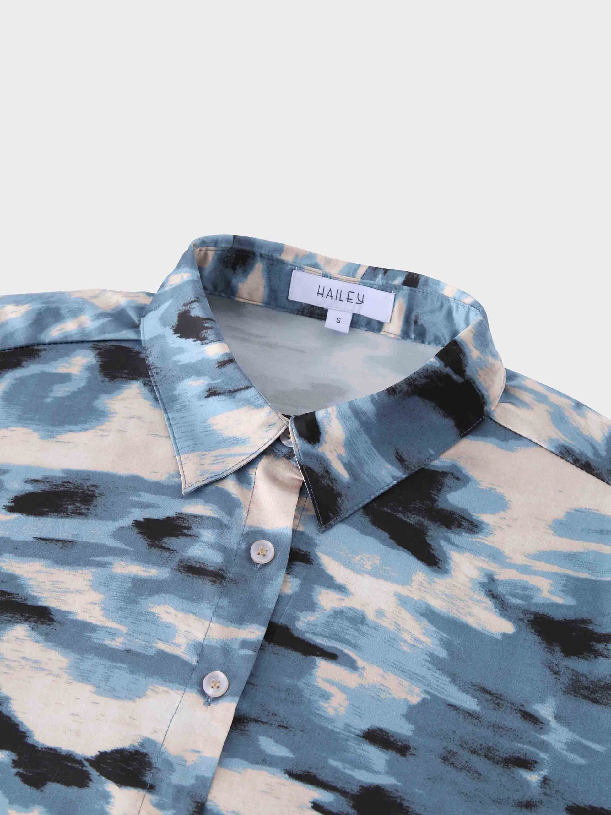 Oversized Satin Slip Blouse-Blue Brushstrokes-2