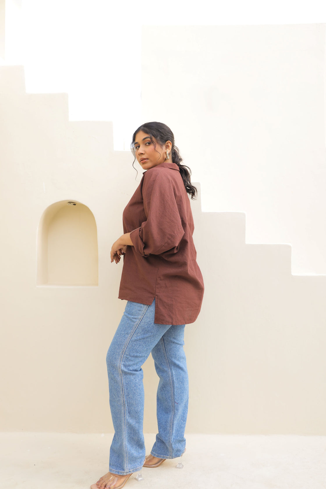 Chic Oversized Brown Linen Shirt-4