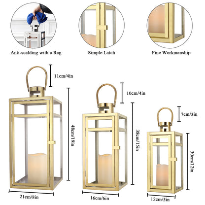 19''&15''&12'' H Stainless Steel Metal Candle Lantern  Candle Holder with Clear Glass Panels(Set of 3 Gold)-2