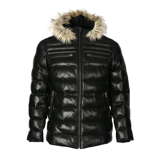 Mens Jeremiah Puffer Leather Jacket with Fur Hoodie (Black)-0