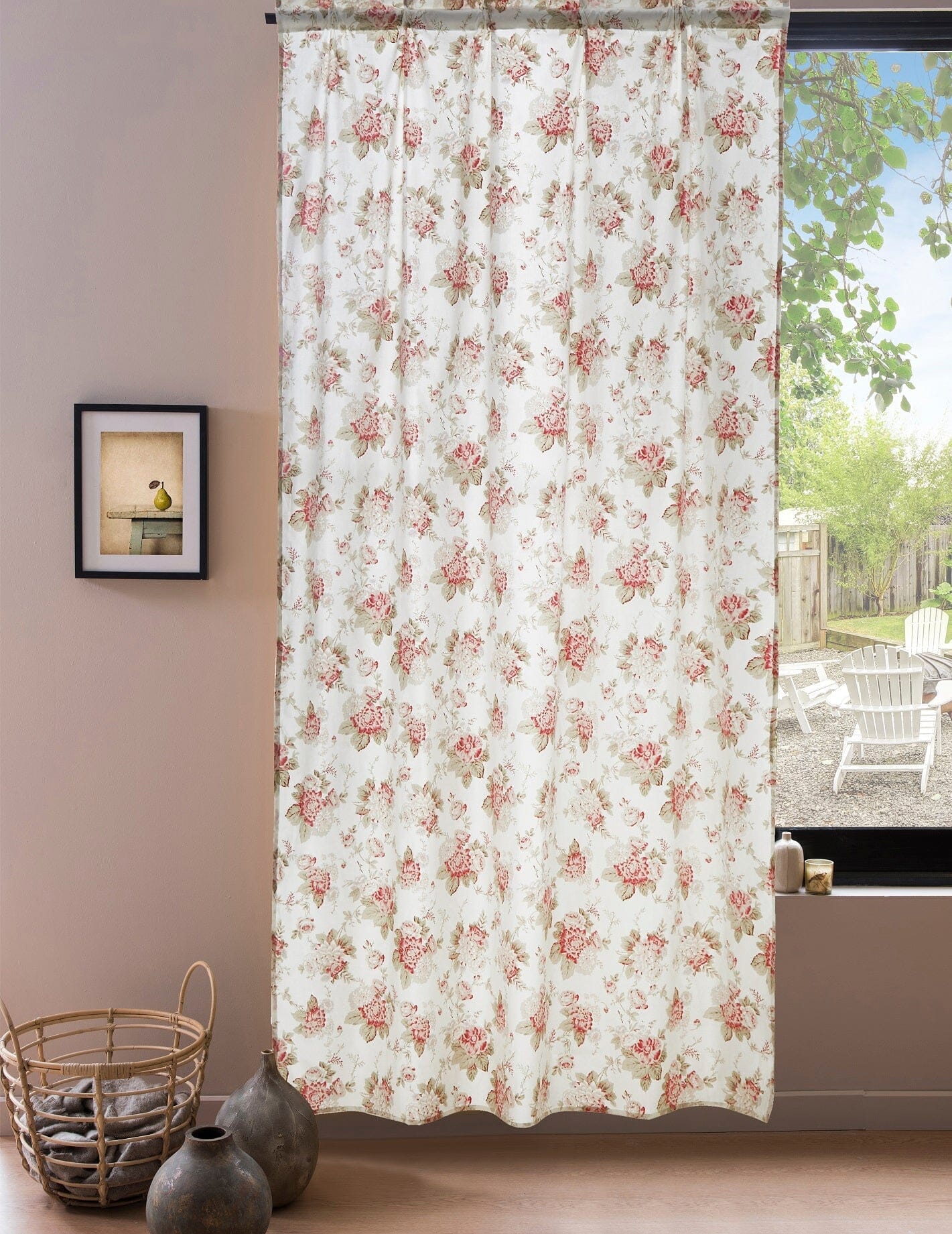 DaDa Bedding Set of 2-Pieces Hint of Mint Dainty Floral Pink Roses Cottage Sheer Window Panel Curtains (JHW3036)-2
