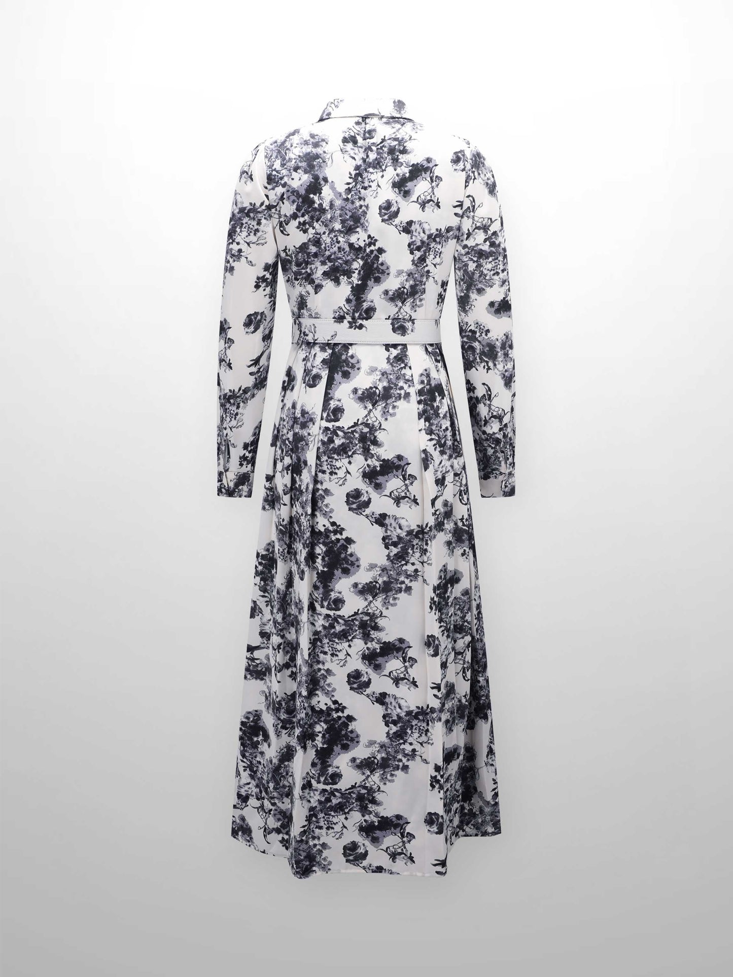 Belted Waist Pleat Shirtdress-Cream/Blue Floral-1