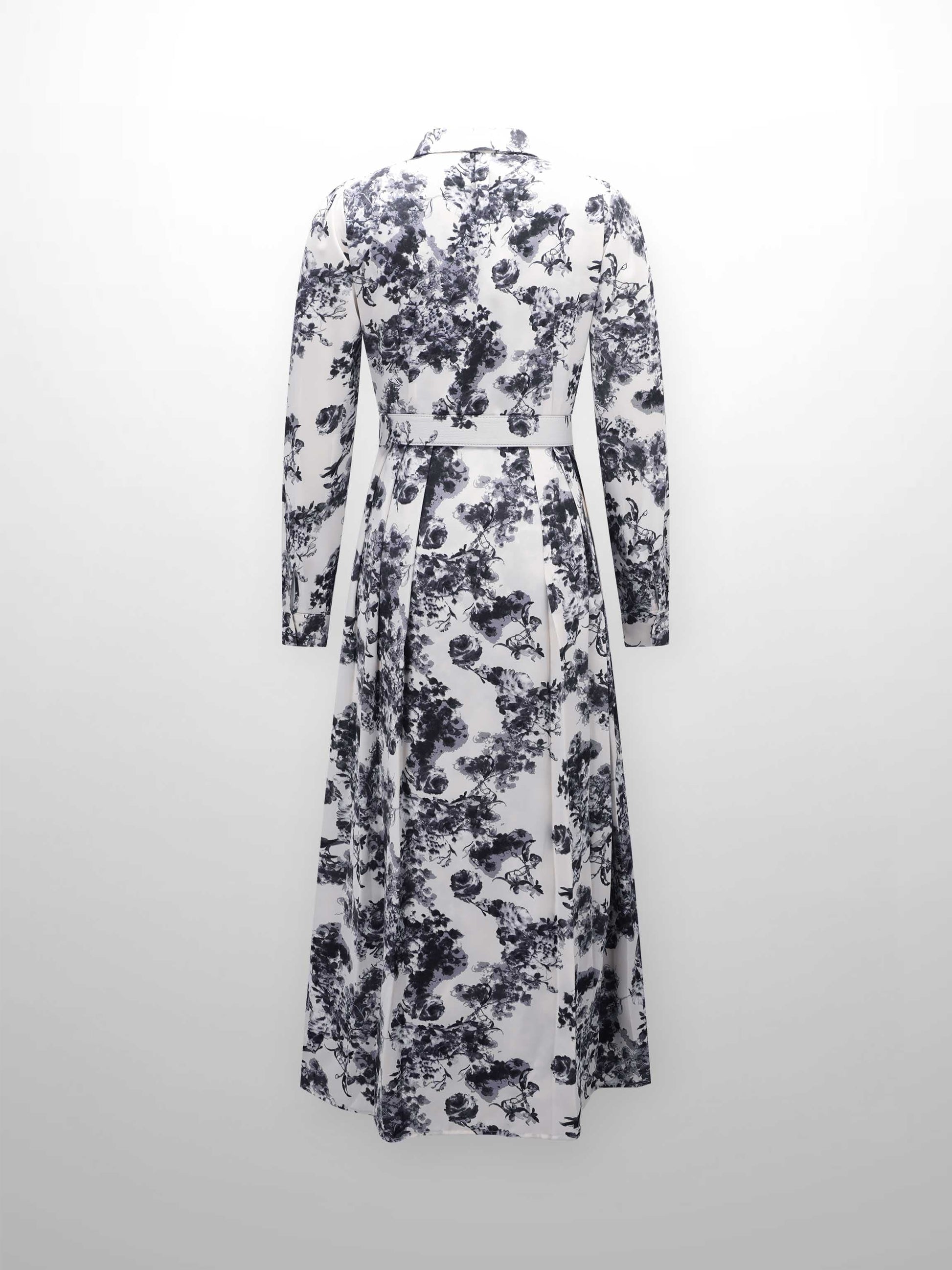 Belted Waist Pleat Shirtdress-Cream/Blue Floral-1
